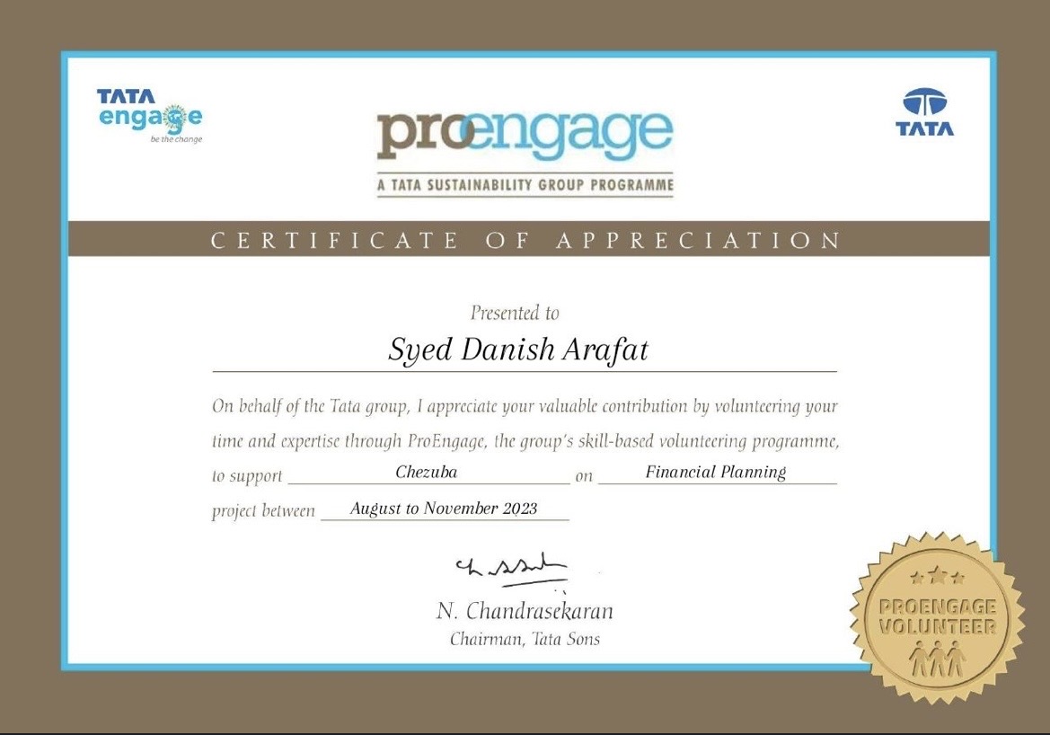 Certificate of Appreciation — Financial Planning awarded by Tata ProEngage (Tata Sustainability Group) with Chezuba