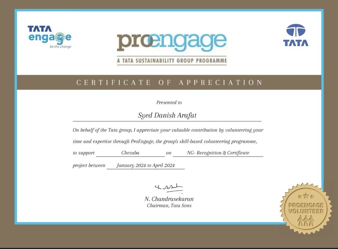 Certificate of Appreciation — Recognition & Certification Project awarded by Tata ProEngage (Tata Sustainability Group) with Chezuba