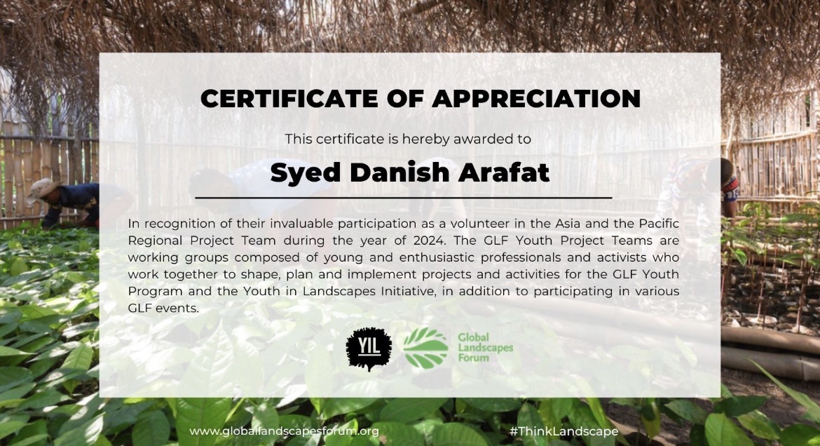 Certificate of Appreciation — GLF Youth Project Team awarded by Global Landscapes Forum · Youth in Landscapes Initiative